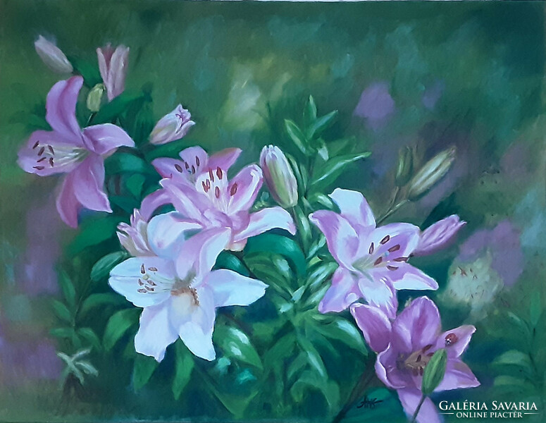 Antiipina galina: pink lilies, oil painting, canvas, 58x75cm