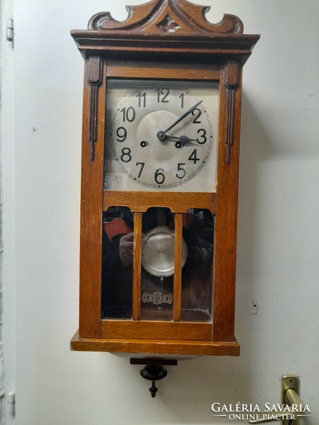 German pewter wall clock with pendulum, clock. 74 Cm.