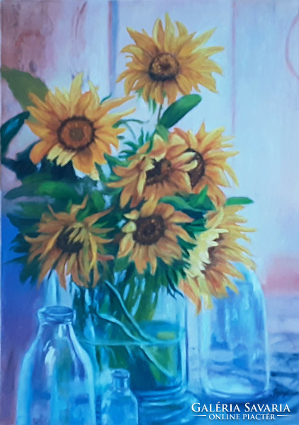 Antiipina galina: sunflowers in a glass, oil painting, canvas, 70x50cm