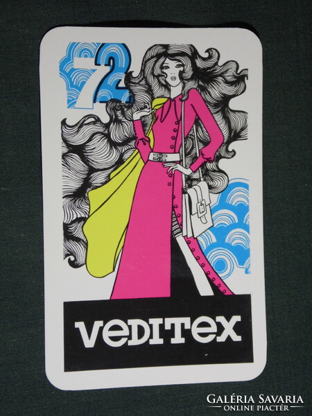 Kártyanaptár, Veditex textilkereskedelmi vállalat, Budapest, grafikai rajzos,női modell, 1972,   (5)