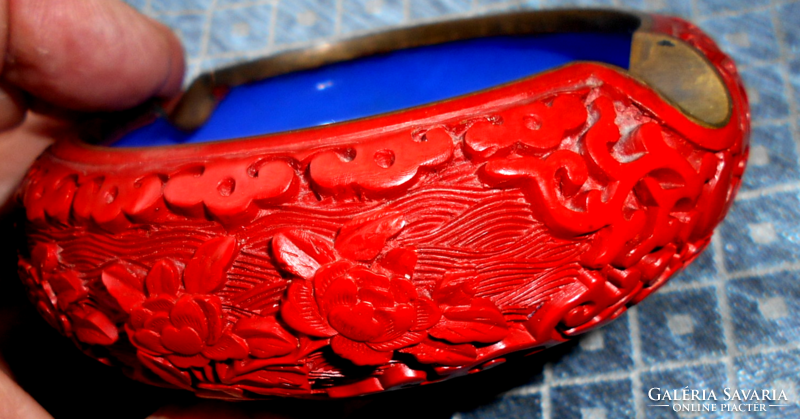 Antik  kínai cinóber (faragott vöröslakk)- zománc hamutál