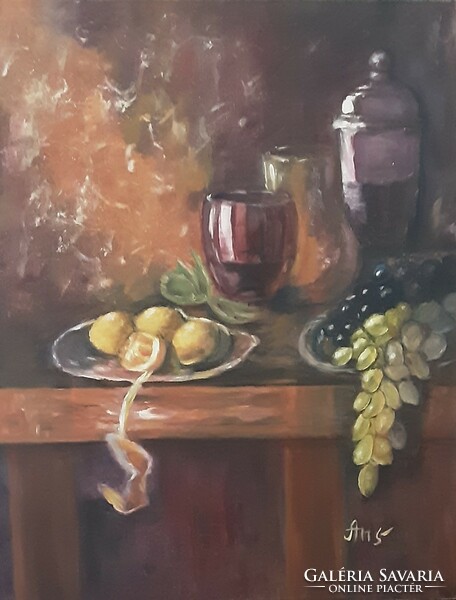 Antyipina Galina: Csendélet citrommal és sőlővel, olajfestmény, vászon, 40x50cm