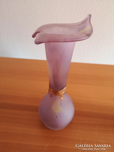 Kála glass vase purple color, gold decoration