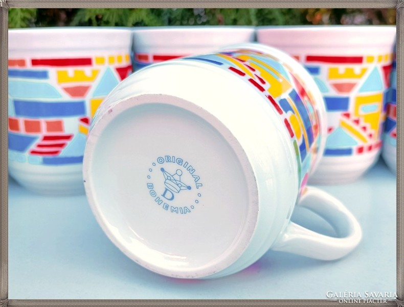 Rare, special cubist style patterned Czech bohemian porcelain mug set