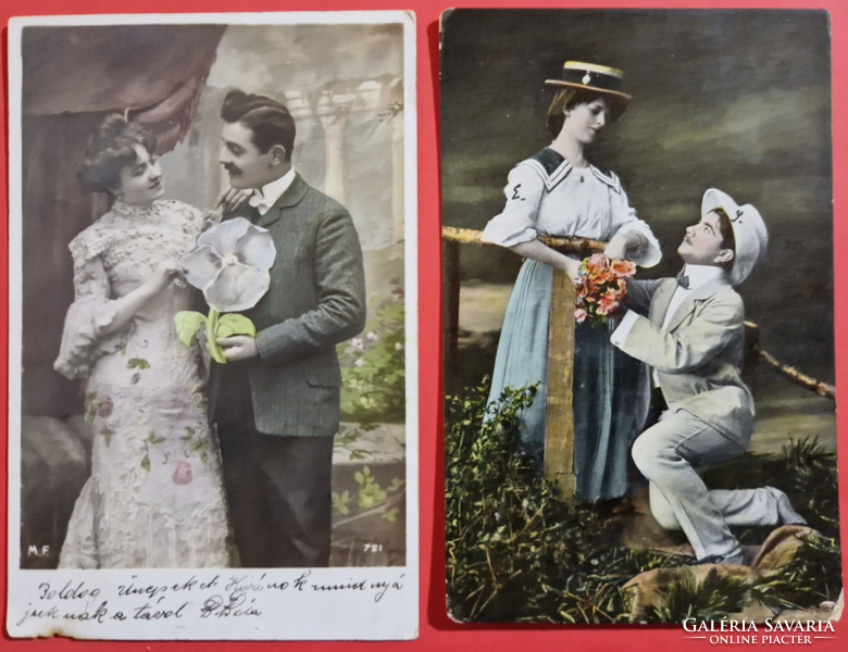 Régi szerelmes témájú színezett képeslapok 1906 és 1909-es pecsételéssel szép állapotban