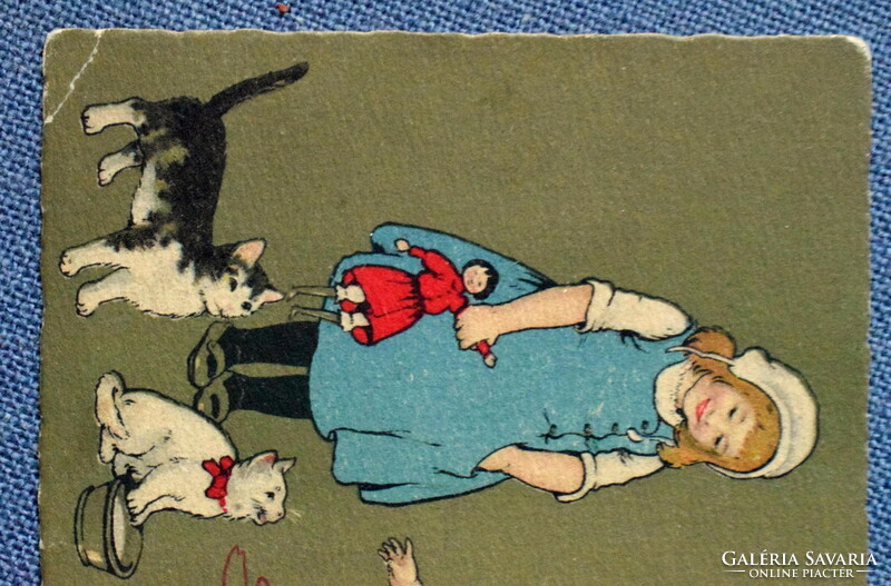 Antique graphic artist postcard kitten - kittens with children