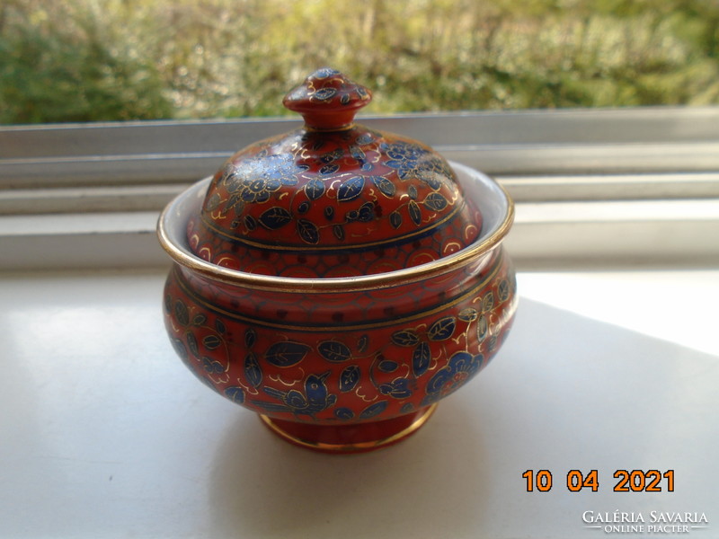 1850 Fischer&mieg special coral red rare sugar bowl with gold contoured cobalt patterns