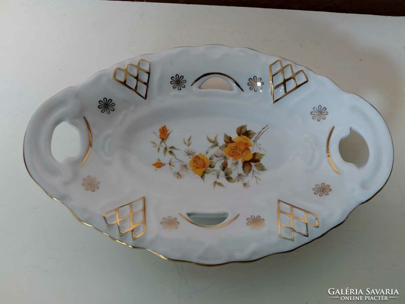 Apulum porcelain bowl with yellow rose, openwork, gilded edge, length: 18.5 cm