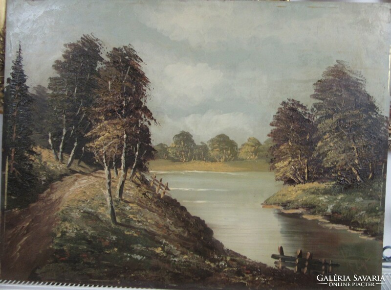 Contemporary painting 1960, landscape-riverside, oil, wood fiber, 60 x 80 cm, with illegible mark