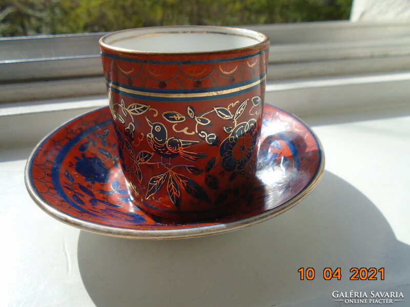 1850 Fischer&mieg special coral red rare coffee set with gold contoured cobalt patterns