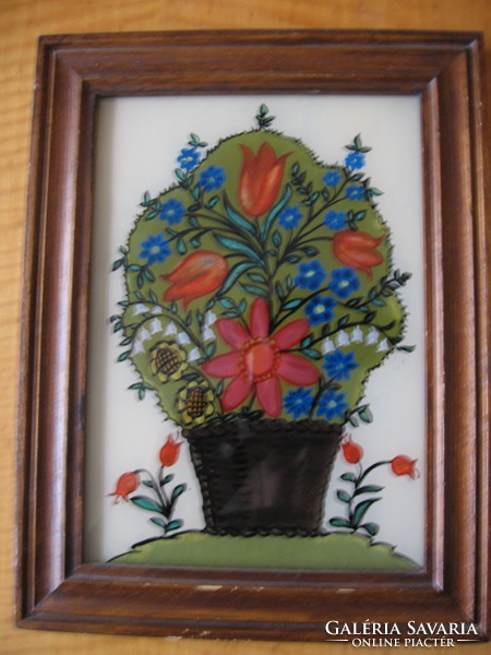 Old naive glass picture, flower basket