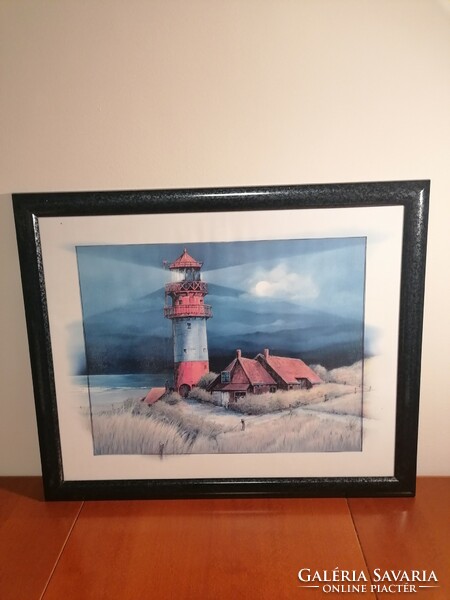 Nautical themed lighthouse with offset passepartout, tastefully framed as a picture under glass. 55 X 45cm
