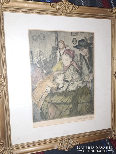 Isaac Perlmutter colored etching.