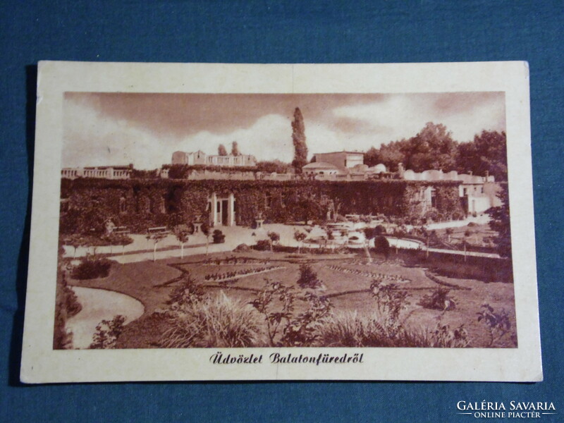 Képeslap, Balatonfüred, park részlet Tibor fürdővel