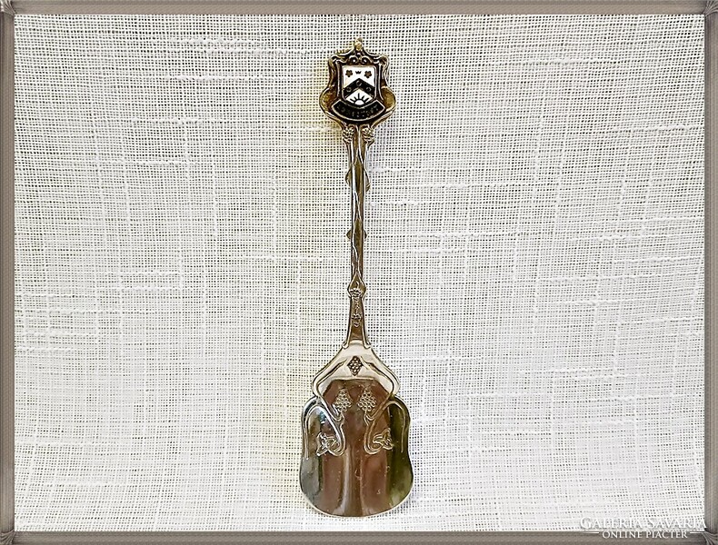 A decorative, silver-plated English souvenir teaspoon, with a beautiful grape pattern in the material.