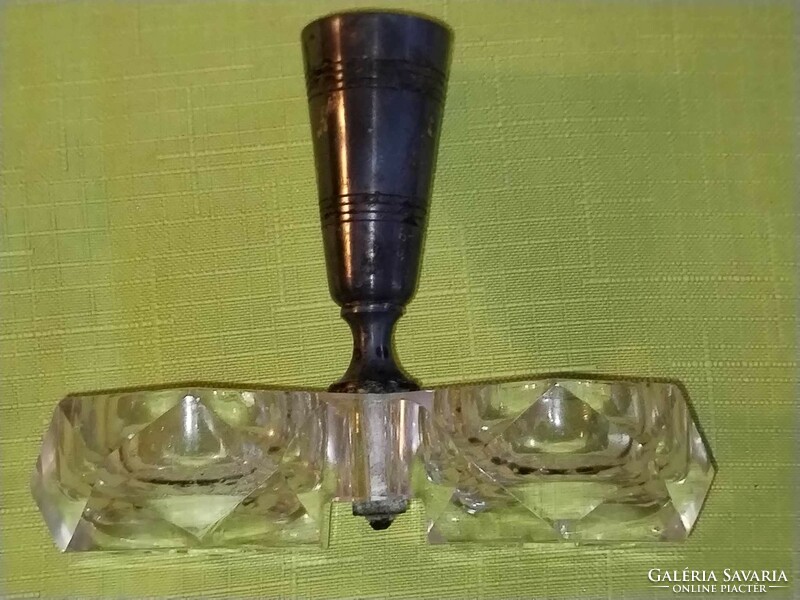 Polished glass salt shaker with copper toothpick holder