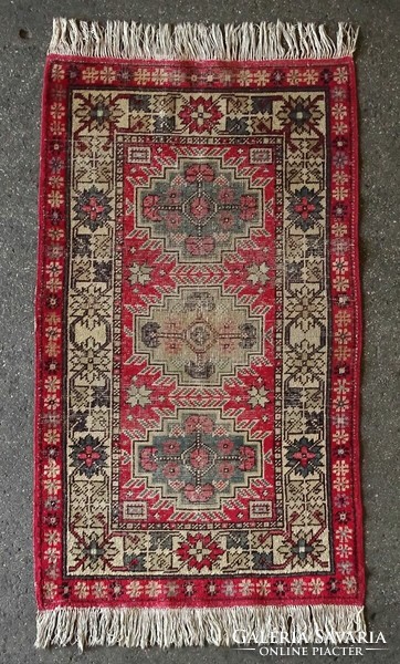 1L017 old art deco red pattern fringed hand-knotted connecting rug 90 x 178 cm