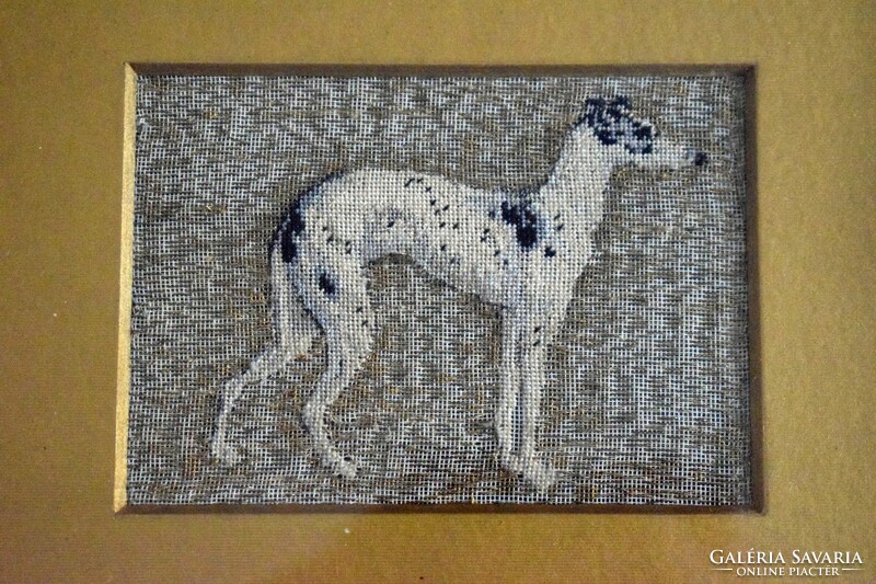 Antique Biedermeier miniature tapestry picture Hungarian greyhound metal thread and silk stitch needlework 10.5 x 7 cm +ke