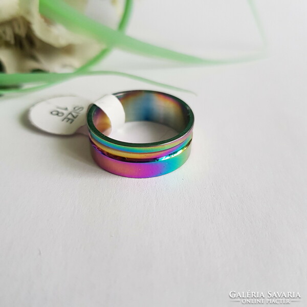 ÚJ, szivárvány színű, aszimmetrikusan süllyesztett csíkos gyűrű – USA 8 / EU 57 / Ø18mm