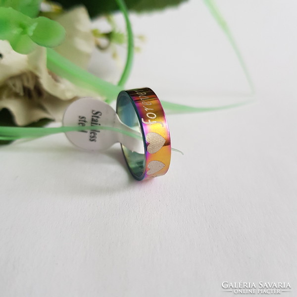 ÚJ, szivárvány színű, forever love feliratos, szív mintás gyűrű – USA 8 / EU 57 / Ø18mm