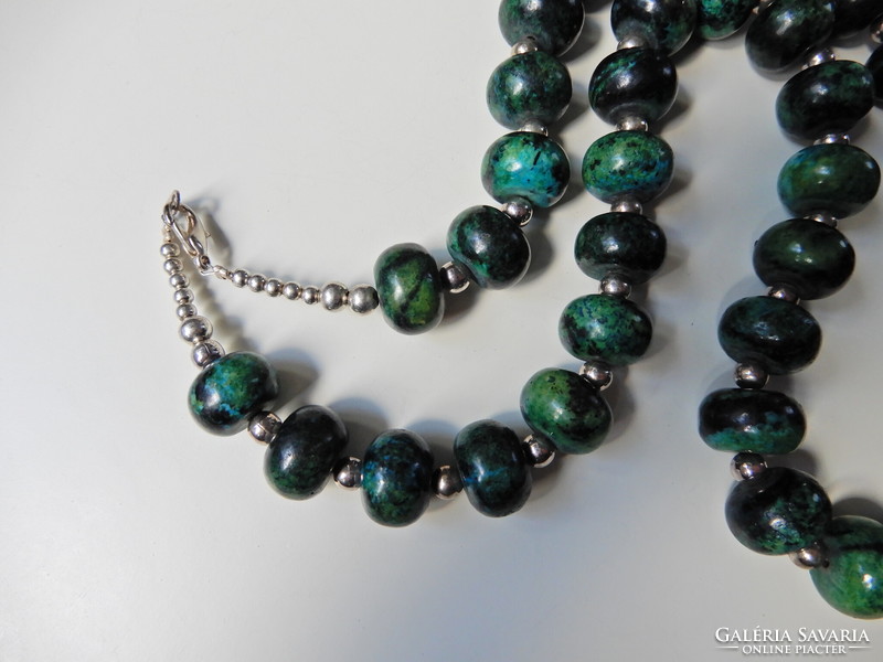 Big-eyed chrysocolla? Mineral pearl string with silver or silver-plated clasp