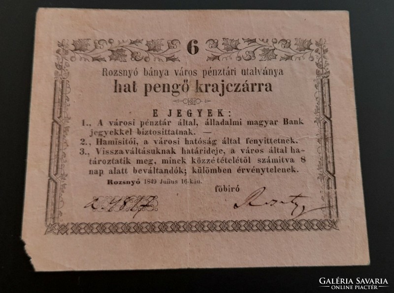 Rozsnyó 6 pengő for krajczár 1849. Incorrect date: juiius. Less common.