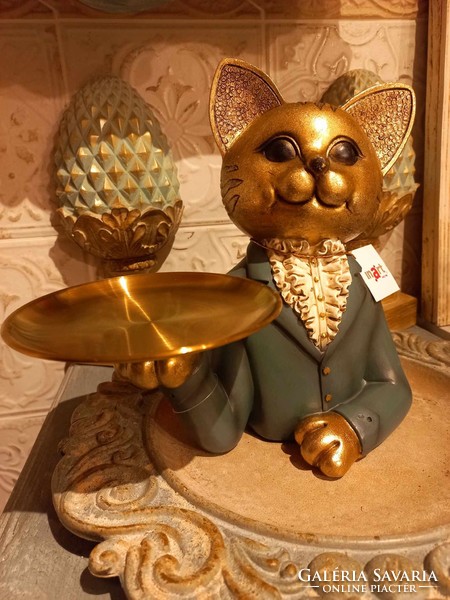 Elegant golden cat figurine, offering tray in paw 25x25x14cm
