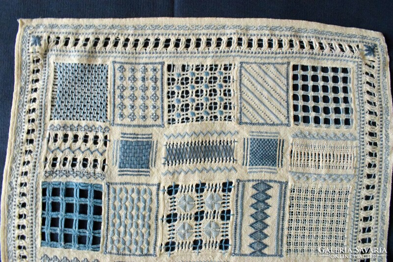 Antique sample scarf 1908 hussar food azure embroidery cutting kelim, ... School work 37 x 55 cm
