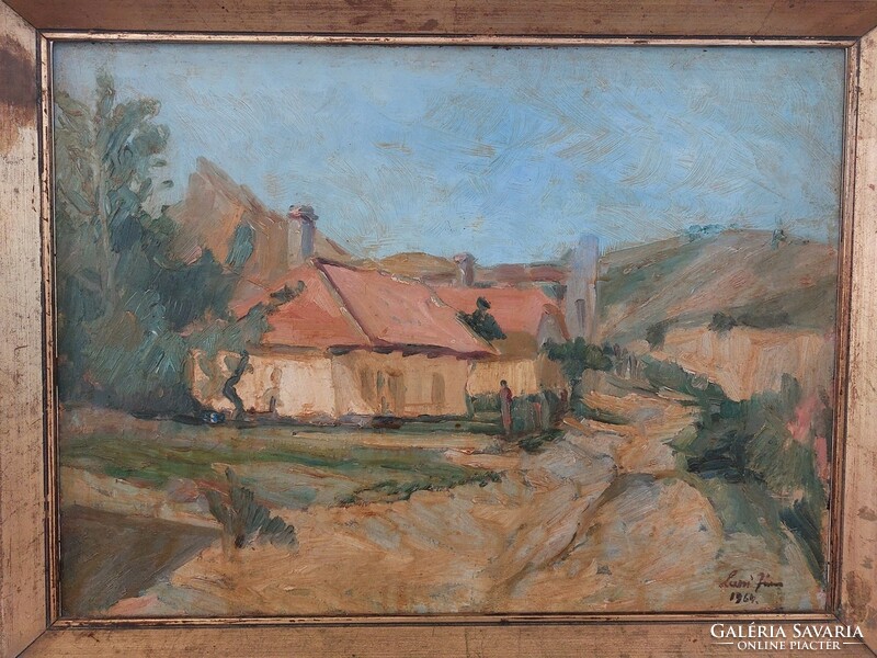 (K) János Luczi's painting of farm/village detail 44x31 cm with frame for Sándor Móna