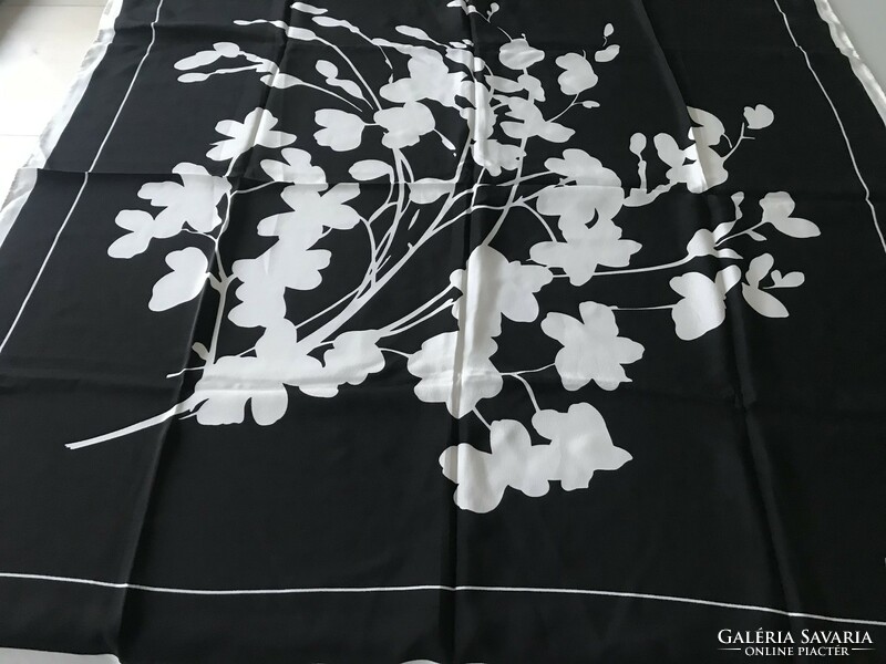 Black silk scarf with a white branch pattern, Basler brand, 88 x 86 cm