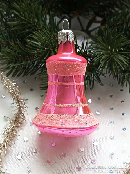 Régi üveg rózsaszín karácsonyfa dísz harang 8cm