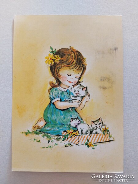 Retro képeslap 1986 kislány cicákkal