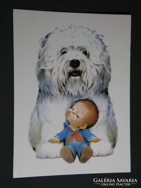Képeslap, Ruth Morehead grafika, rajzos, kisfiú kutyával