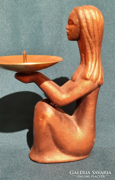 Copper or bronze art deco figure with candle holder