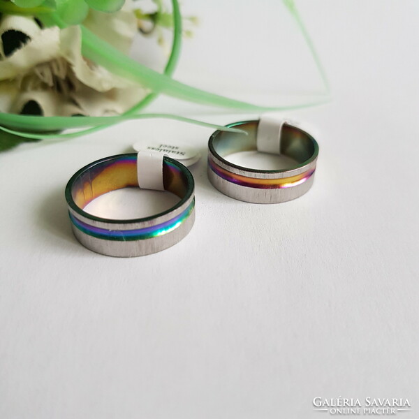 ÚJ, ezüstszínű, szivárvány színű, aszimmetrikus süllyesztett csíkos gyűrű – USA 10 / EU 62 / Ø20mm