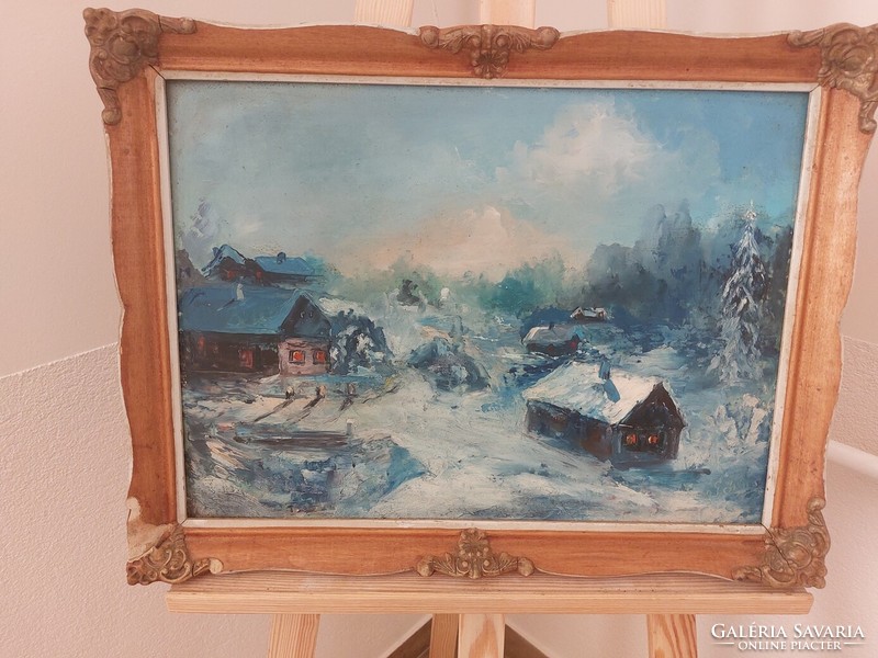 (K) Téli táj házakkal szignózott tájképfestmény 54x41 cm kerettel
