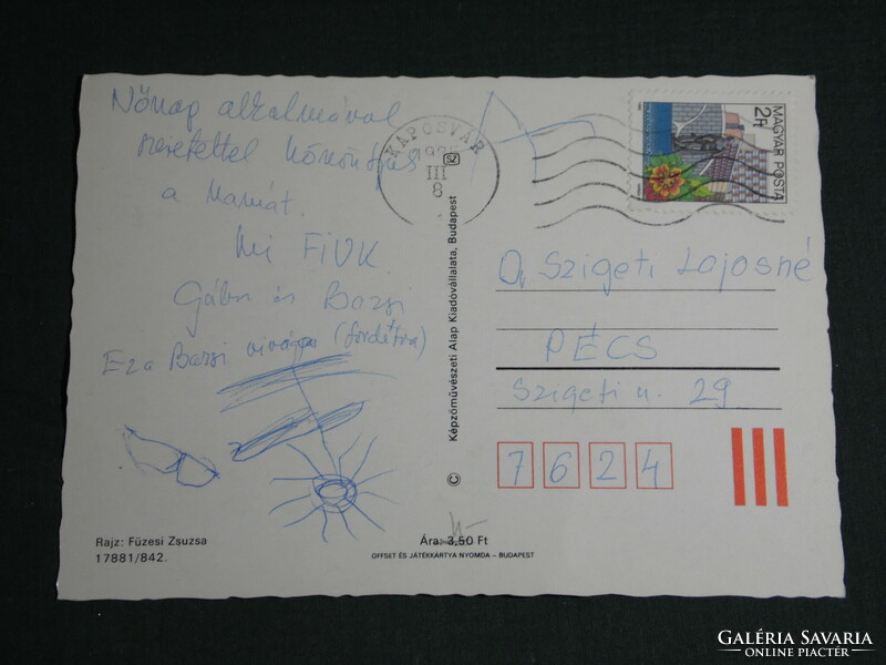 Postcard, graphic design by Zsuzsa Füzesi, drawing, little girl, children's model
