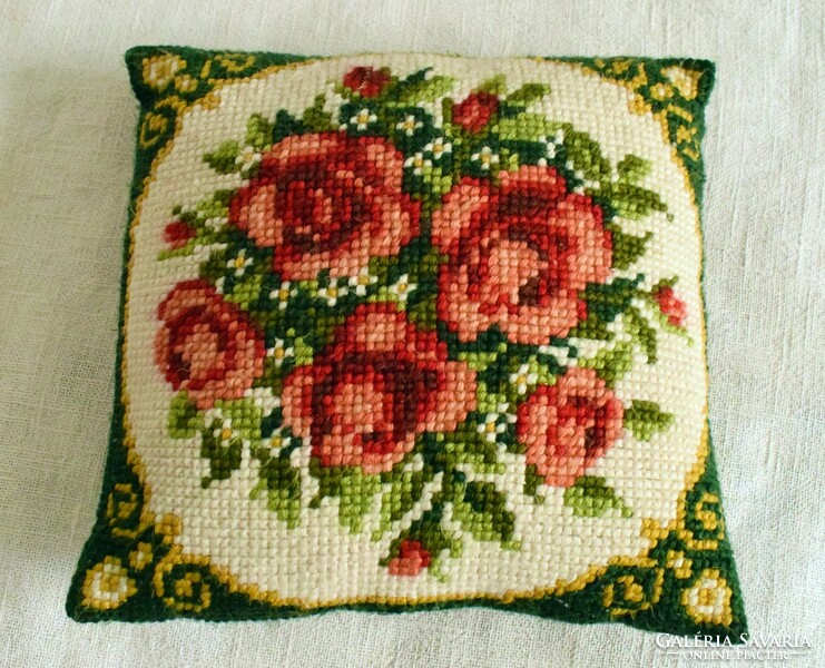 Cross stitch embroidered decorative pillow, rose pattern 38 x 36 x 12 cm