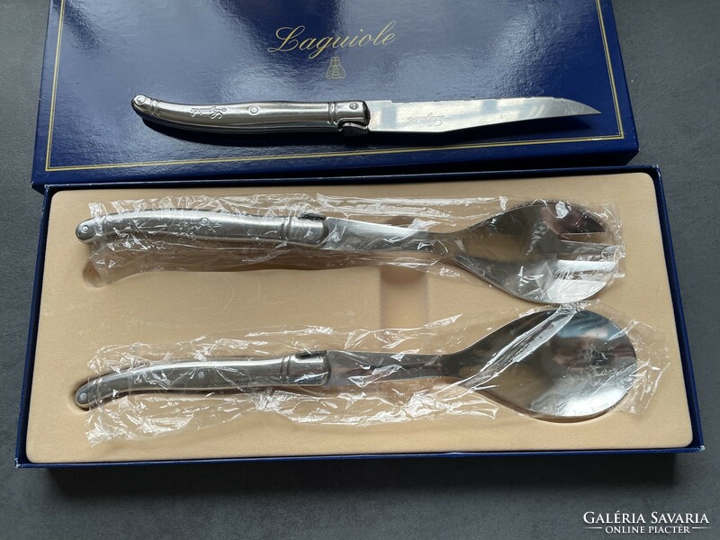 Laguiole serving salad spoon and fork, in original box + 1 free steak knife