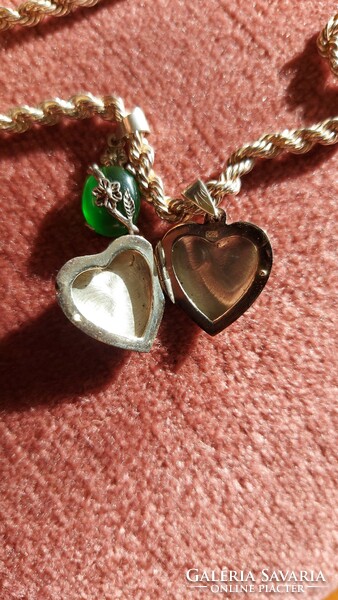 New silver thick necklace with opening heart pendant and jade stone pendant