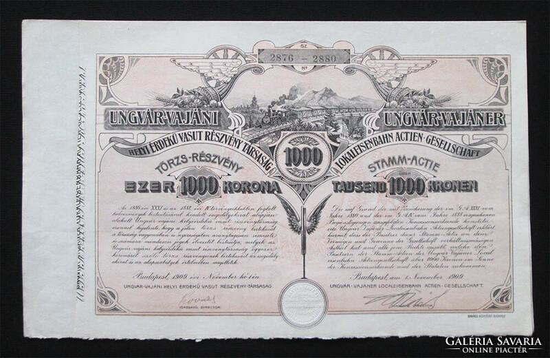 Ungvár-Vajáni Helyi Érdekű Vasút részvény 1000 korona 1909 (UKR-SVK)