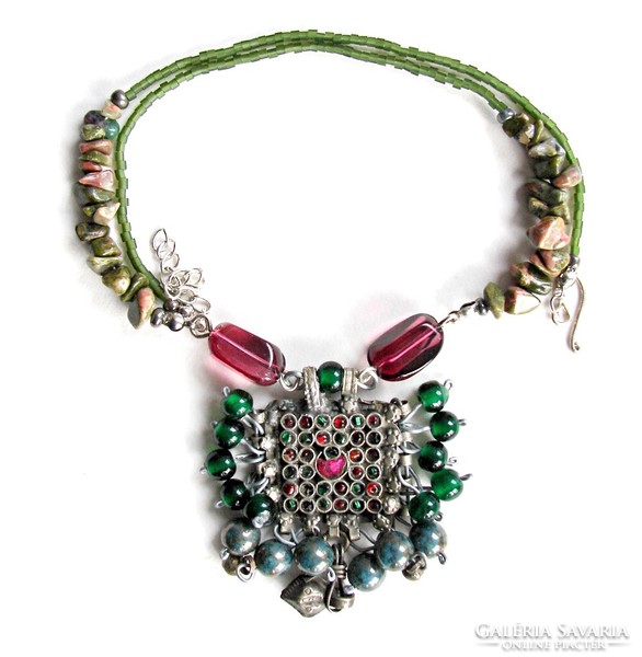 Bahar, short antique Persian copper/glass pendant necklace with blue glass/unakit beads