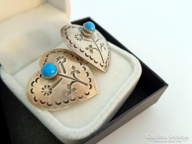 Silver mexico turquoise love heart earrings vintage