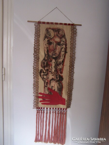Retro batik wall tapestry with collage insert, industrial art work from around 1960 95 x 30 cm
