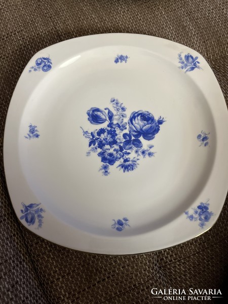 Bohemia kínáló tányér, kék rózsás, négyzetes, 29,5x 29,5 cm.
