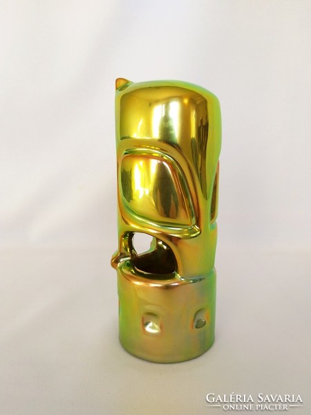 Zsolnay art-deco owl in light gold-green eosin color