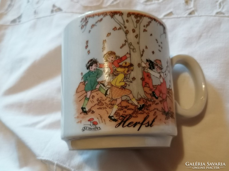 Retro beautiful season cup, autumn, children dancing around a tree, signed artist mug