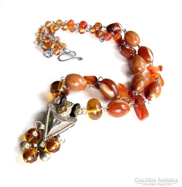 Nilufar Half Length Rust Color Persian Copper/Glass Pendant Necklace with Blue Glass/Carnelian/Amber Beads