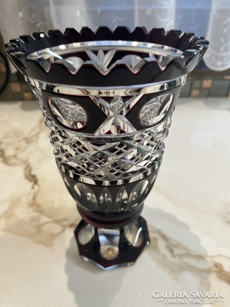 Burgundy crystal vase, marked with Hungarian crystal, polished decoration.