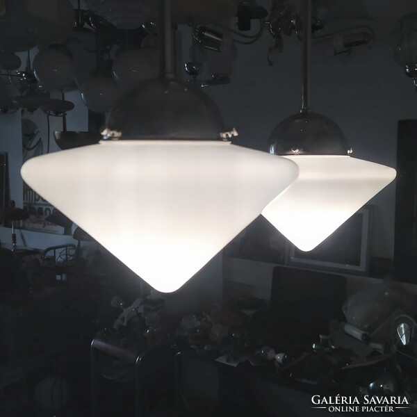 A pair of art deco nickel-plated ceiling lamps renovated - cone-shaped milk glass shade